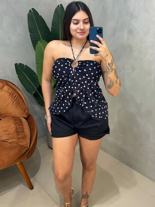 Blusa em Tule Poá de Babado com Amarração Driely